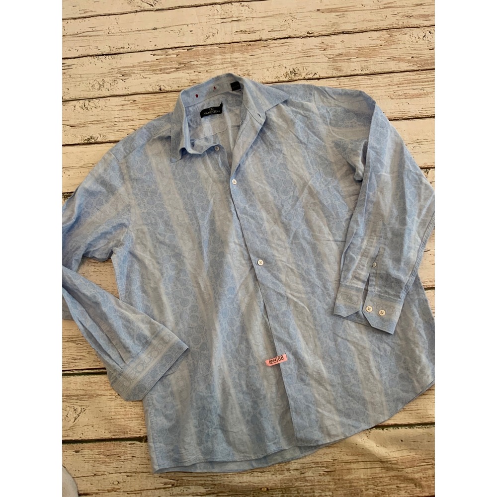 Bugatchi Uomo Mens Large Light Blue Paisley Jacquard Stripe Button Down Shirt